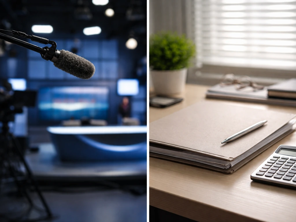 Split-style scenes: Australian TV studio vibe vs anonymous corporate office, symbolizing two different Mark Beretta iden