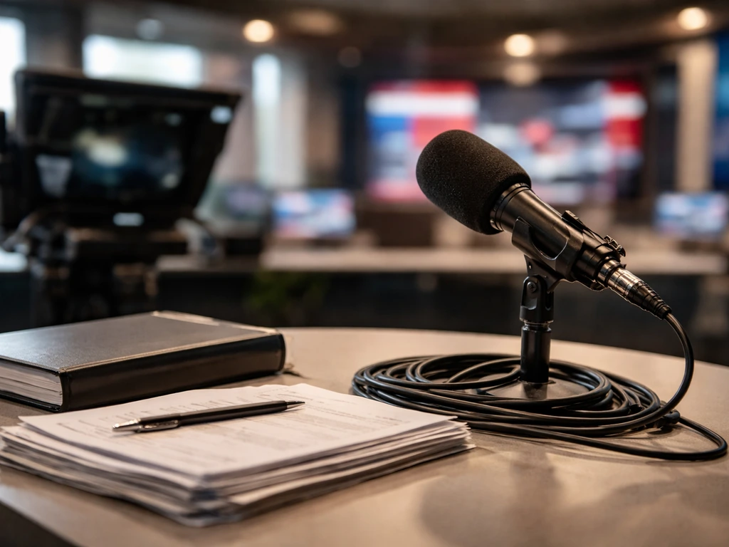 Broadcast studio desk with a microphone and blurred newsroom lights, symbolizing media career earnings.