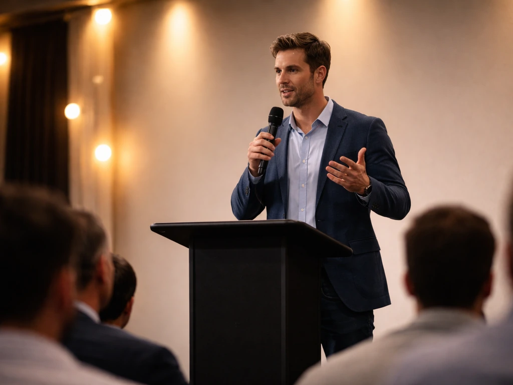 Anonymous male sports presenter speaking at a small event stage with a wireless microphone.
