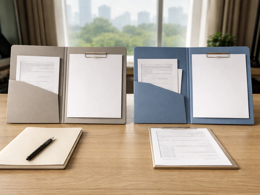 Minimal desk scene with two open folders and a notebook, suggesting differing financial estimates.
