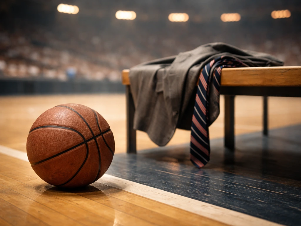 Mid-1980s pro basketball era: basketball resting on a worn hardwood floor beside a blazer and tie