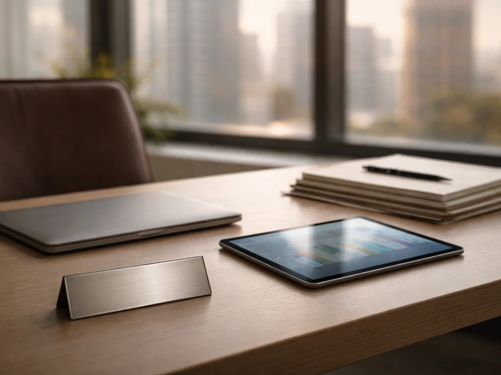 Anonymous finance professional working in a quiet private office with city view and minimal desk items.