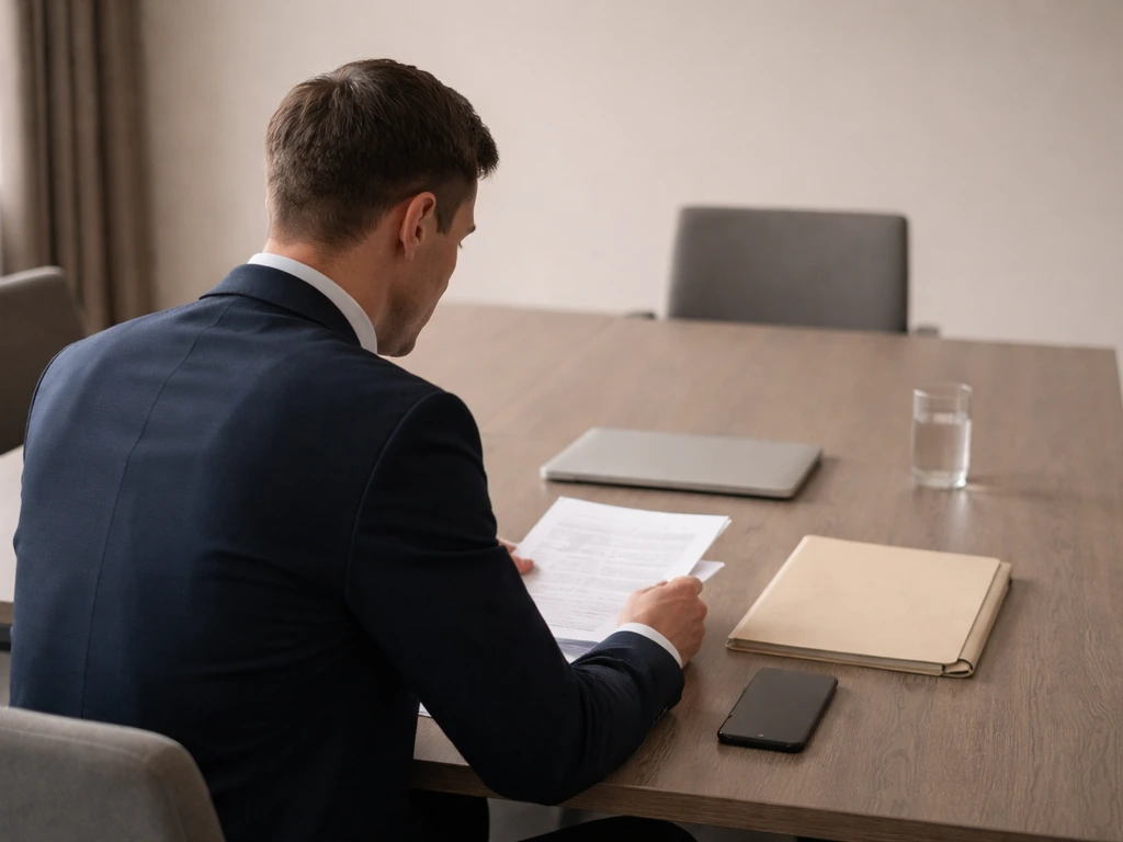 Anonymous business meeting in a clean office with a laptop, documents, and a company folder on the table.
