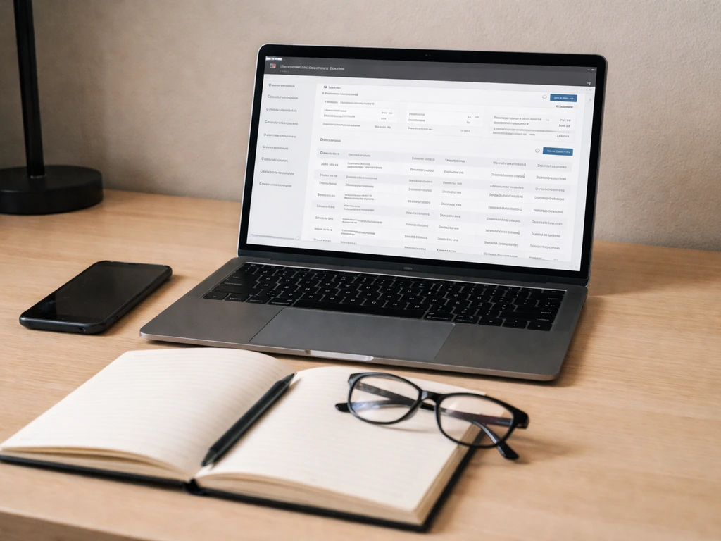 Minimal desk scene with a laptop open to a generic SEC-style search interface for verifying numbers.