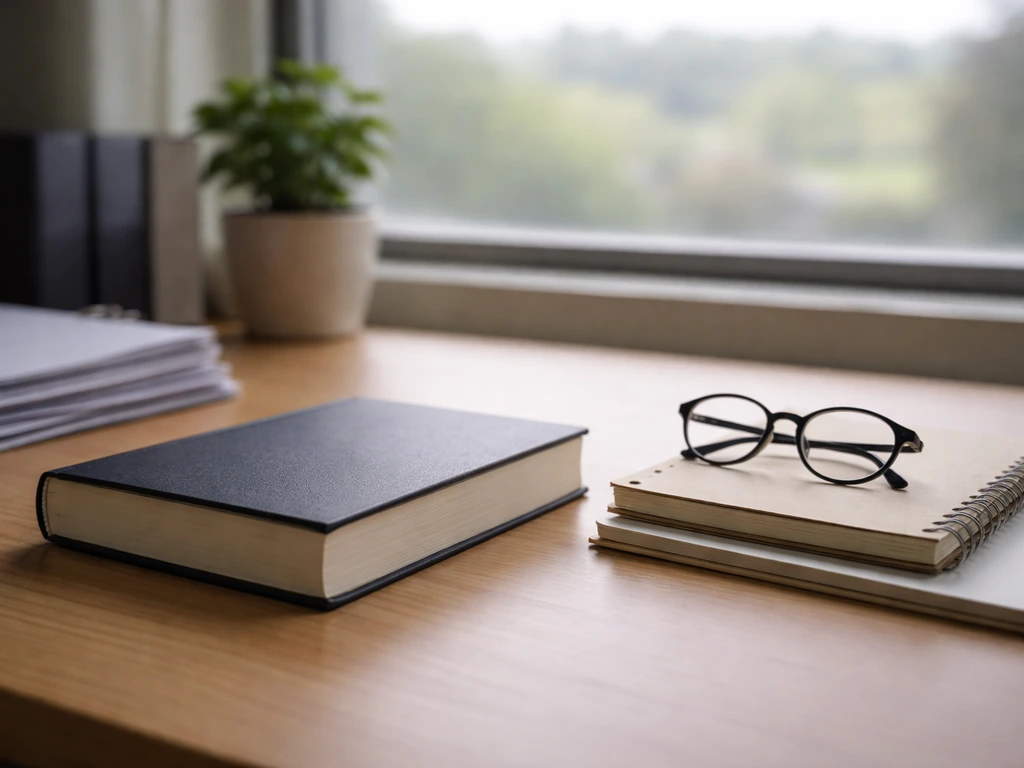 Minimal university office desk with books and papers, symbolizing academic identity without showing a person.