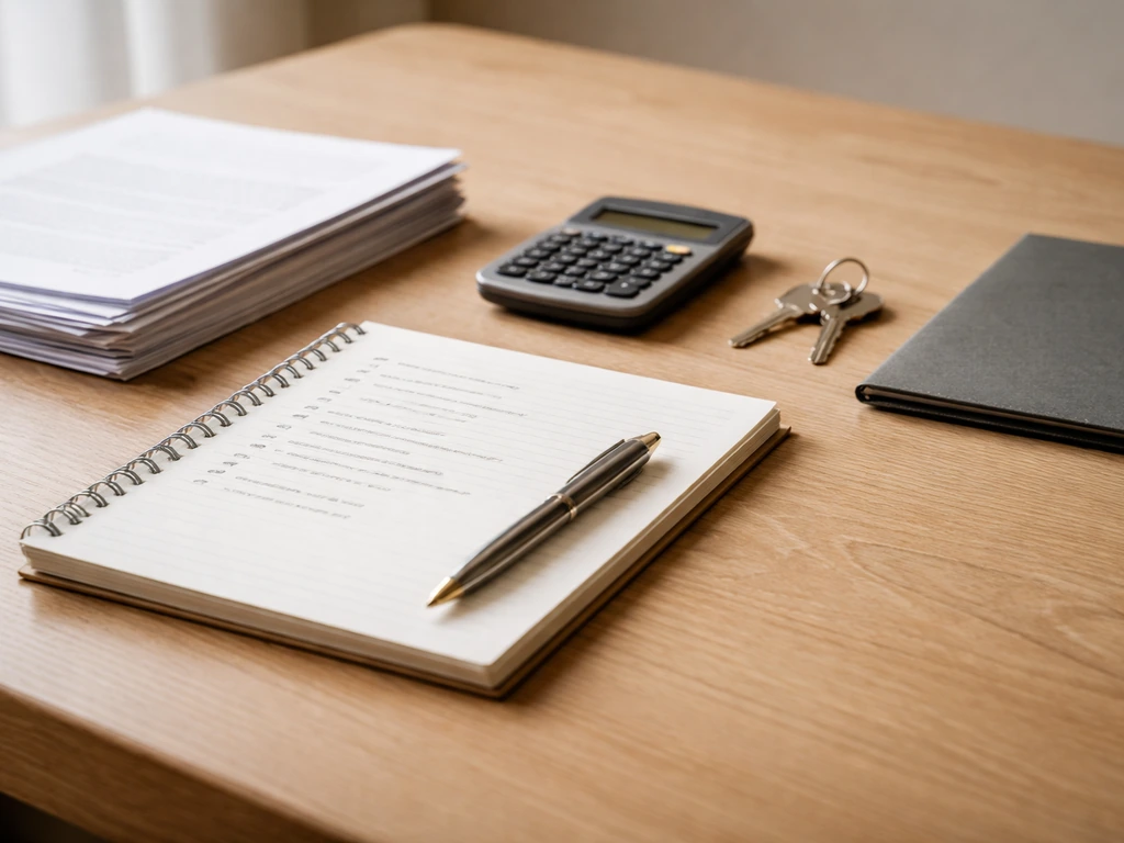 Open notebook, documents, keys, and calculator on a wooden desk symbolizing public net-worth estimation.