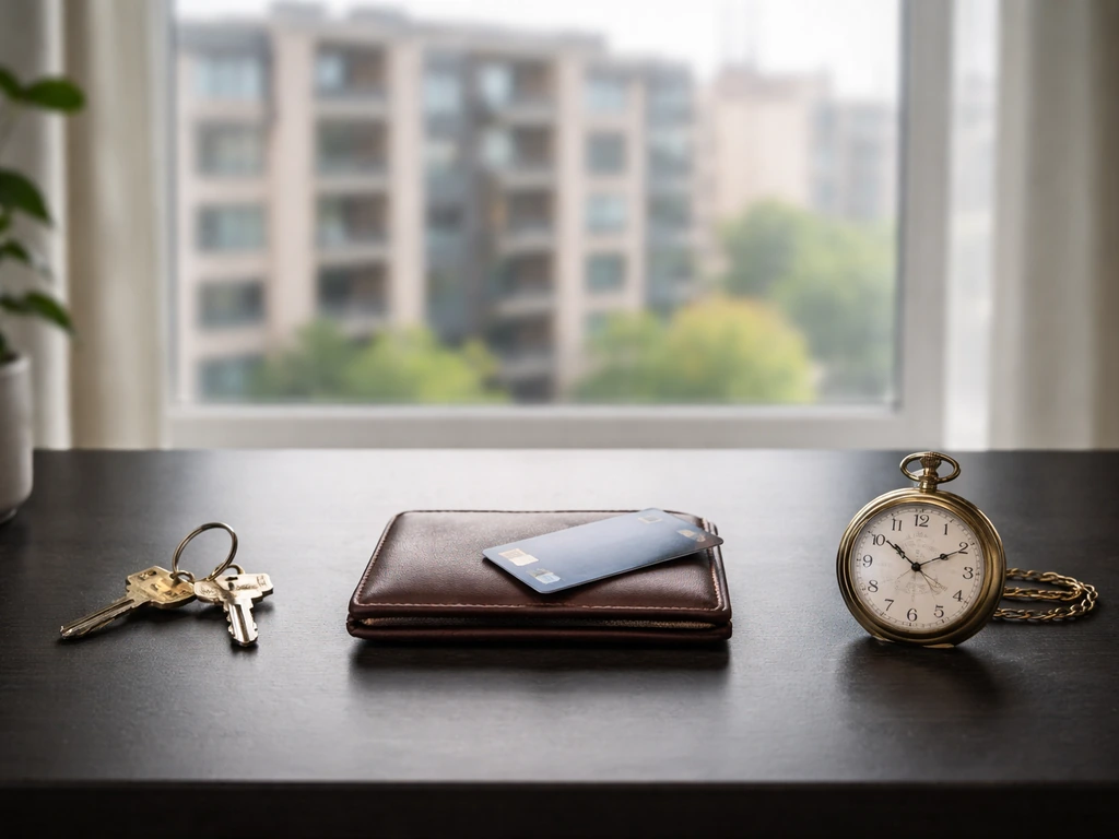 Minimal home-office desk with house keys, wallet, and a pocket watch suggesting assets and holdings.