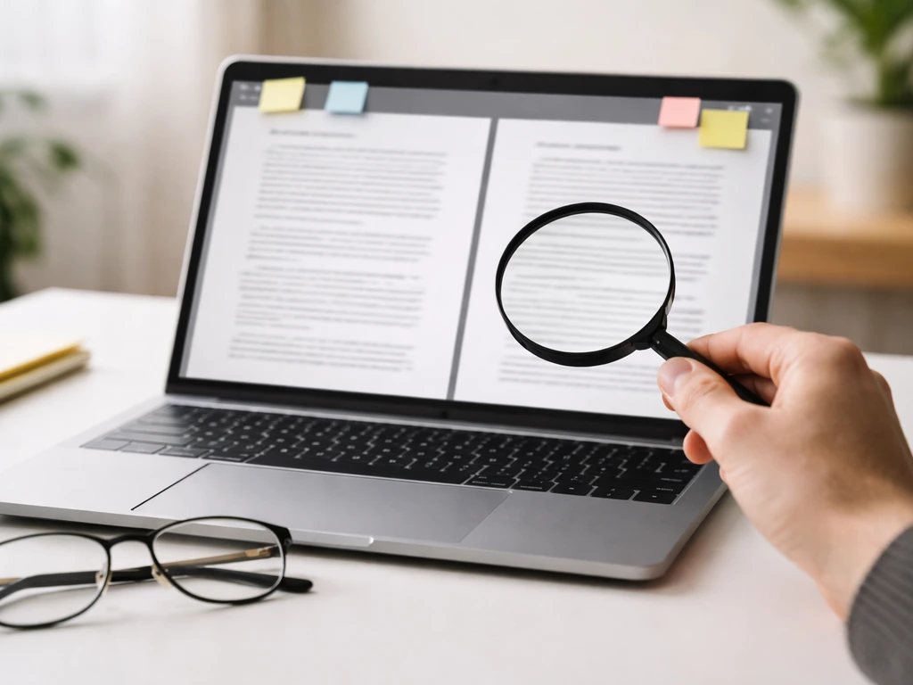 Close-up of a hand using a magnifying glass on side-by-side web pages on a laptop for verification.