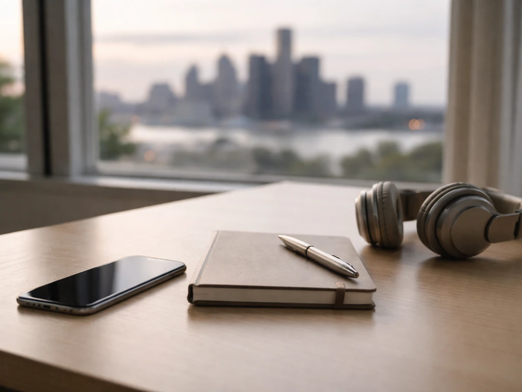 Minimal photo of a modern media-and-business workspace with a smartphone, notebook, and Detroit skyline view.