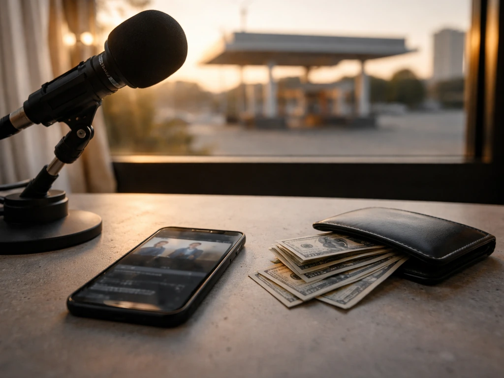 Minimal desk scene with microphone and blurred phone, symbolic cash and distant gas station backdrop.
