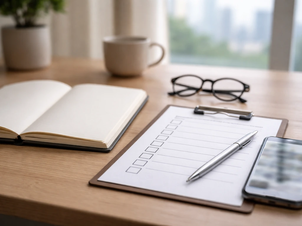Minimal office desk with blank checklist, pen, and phone showing blurred finance news for credibility checks.