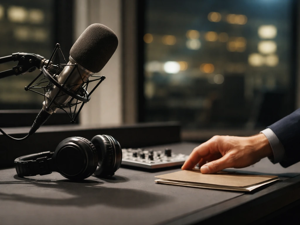 Minimal studio desk with a broadcast microphone and headphones, symbolizing media and wealth analysis