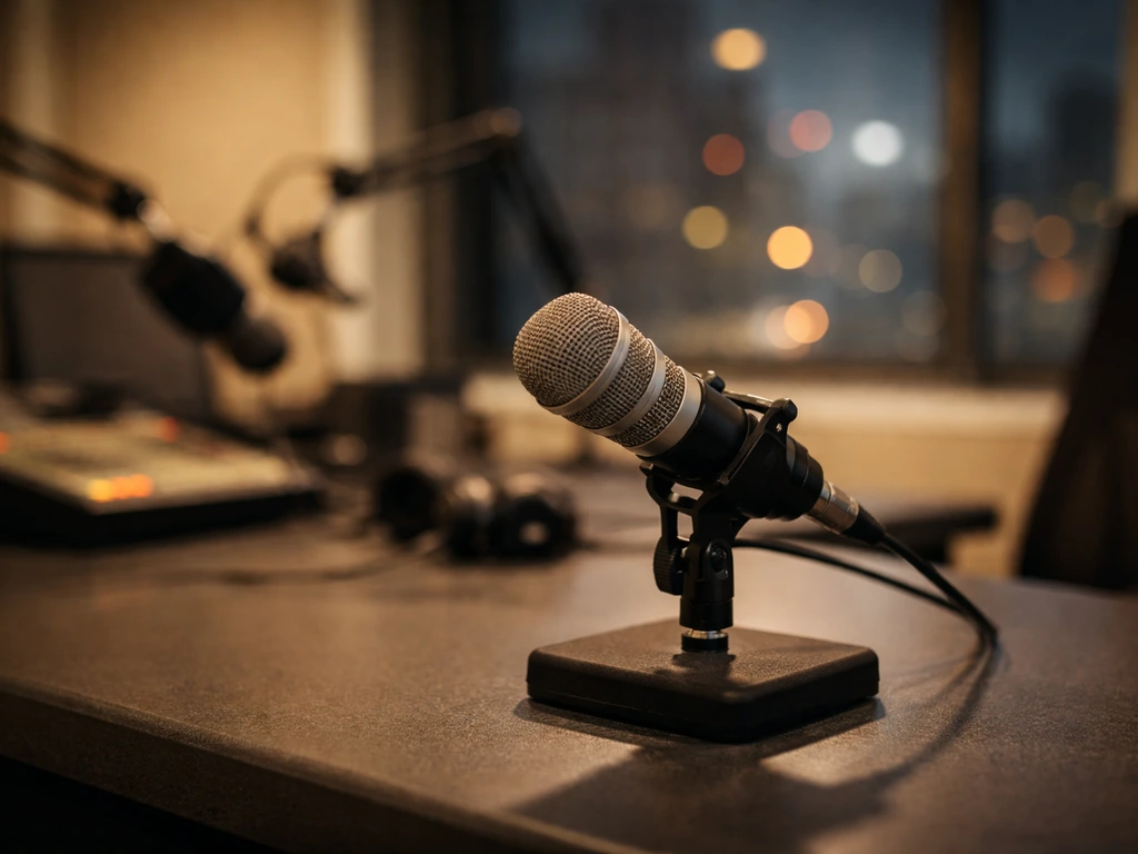 Minimal TV studio scene with a microphone on a desk and muted city lights through a window