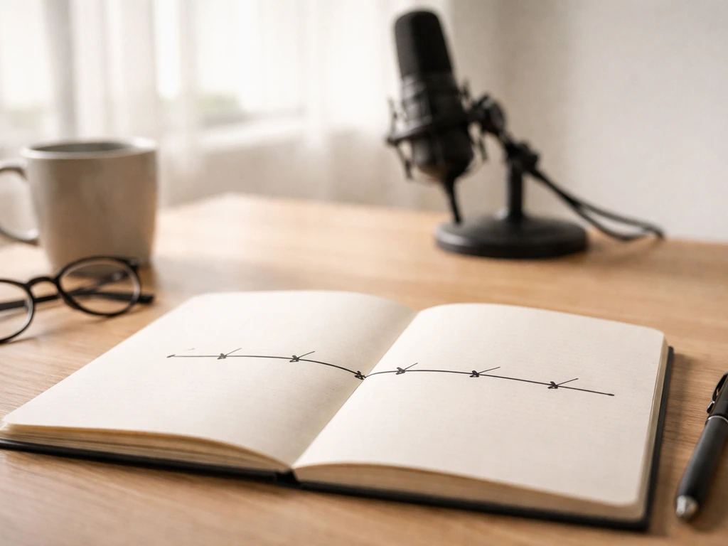 Open notebook with a timeline page and a BBC-style studio microphone on a desk, symbolizing career milestones