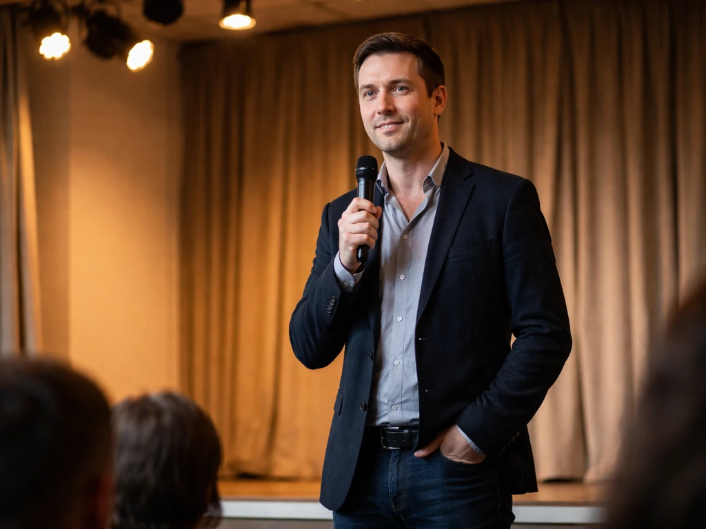 Anonymous host compèring at a small live event with a handheld mic and warm audience lights