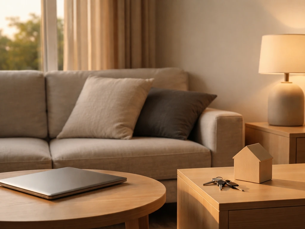 Minimal living room with closed laptop and keys, symbolizing unpublicized assets and low-profile lifestyle.