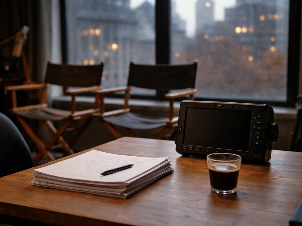 Empty film studio desk with camera monitor and script pages, evoking media and film production work.