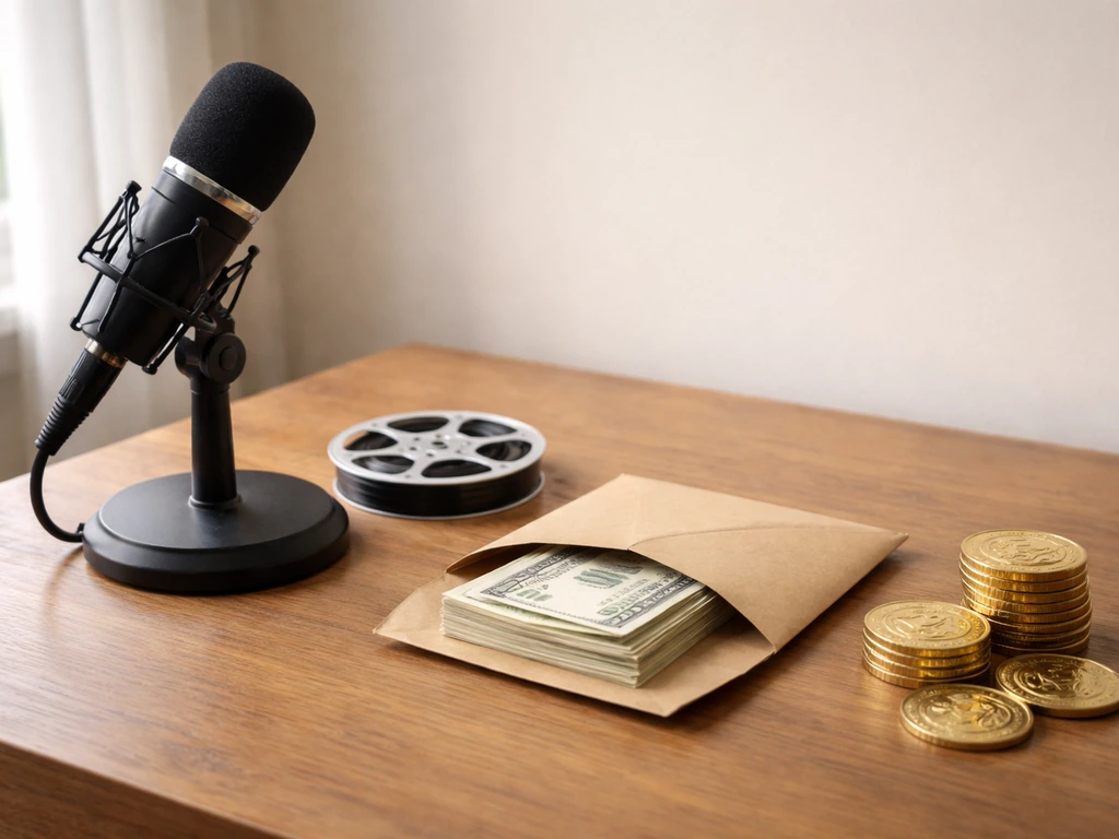 Minimal desk scene with microphone, film reel, and cash envelopes symbolizing multiple income streams