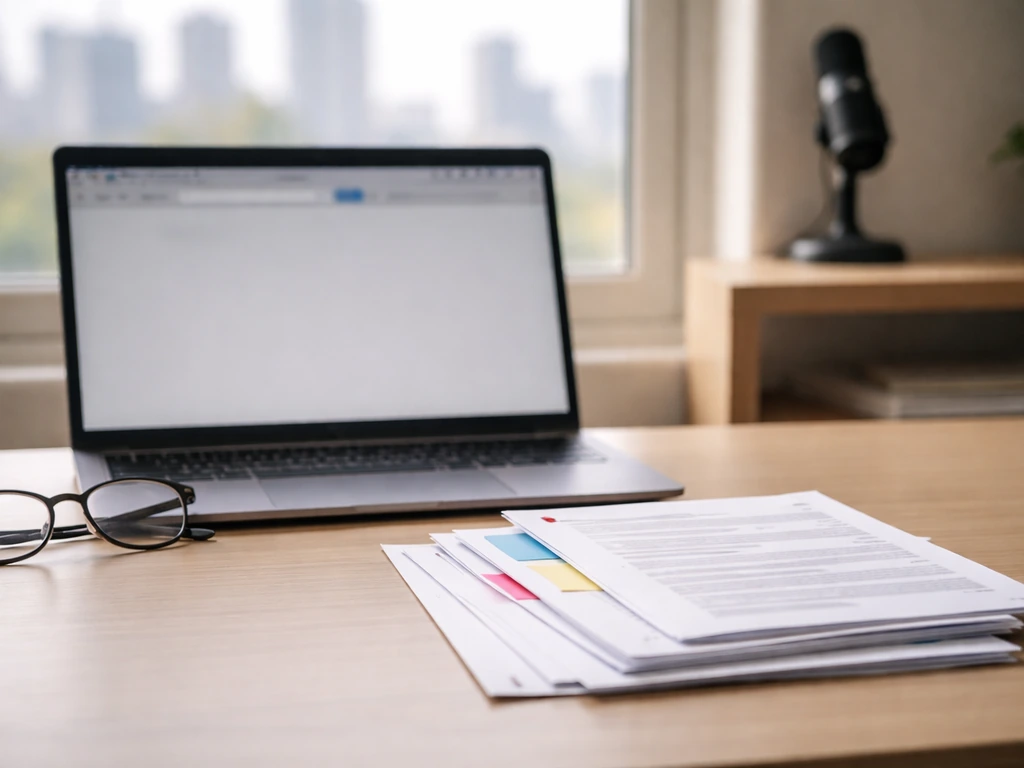 Minimal desk scene with laptop and stacked documents suggesting comparing conflicting net worth figures across sources.