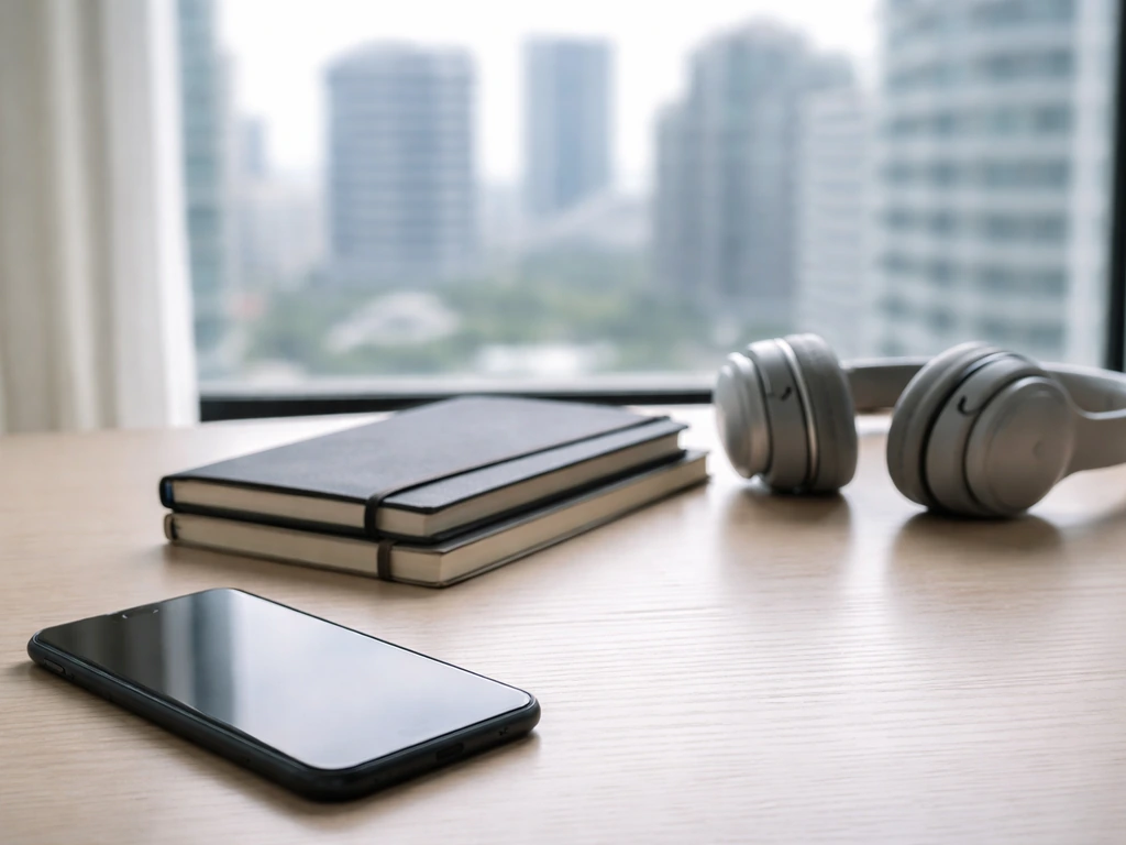 Minimal desk scene with phone, notebooks, and headphones symbolizing confusing search identities.