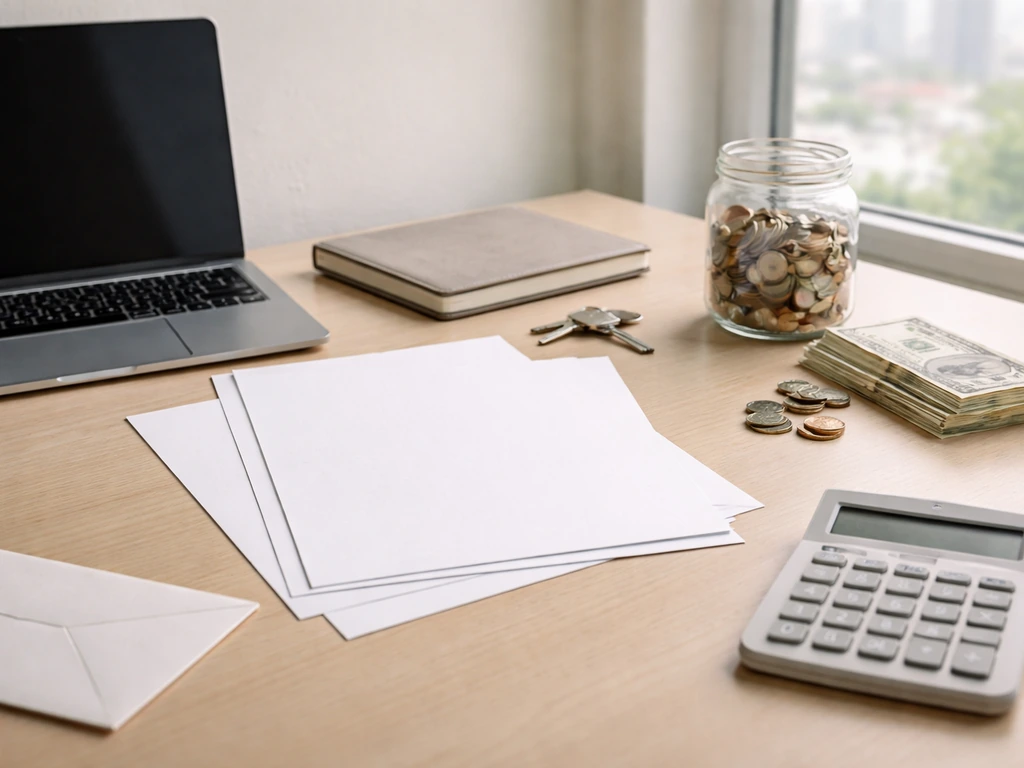 Minimal desk scene with blank papers, calculator, cash, and house key symbolizing property estimate inputs.