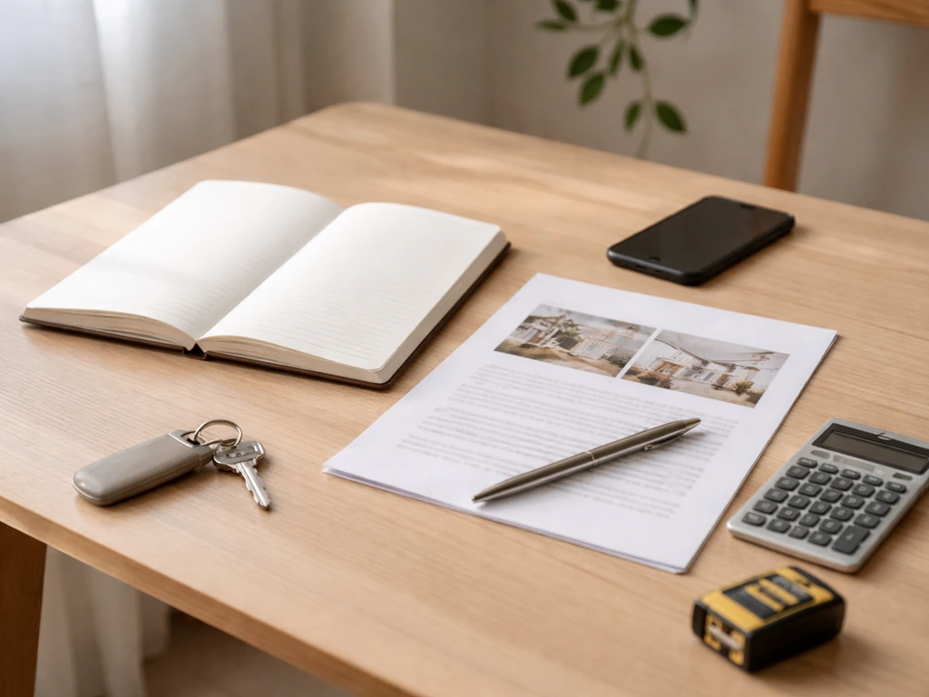 Minimal desk scene with documents and a calculator representing a step-by-step property valuation workflow.
