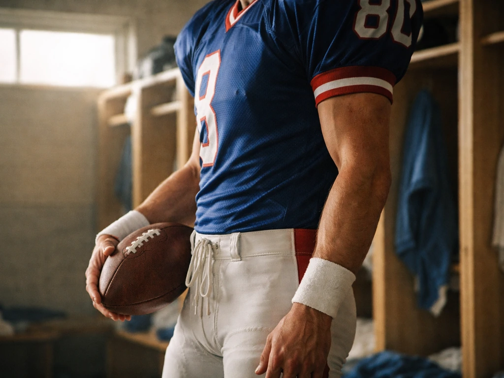 Anonymous athlete in vintage New York Giants uniform holding a football in a quiet locker room.