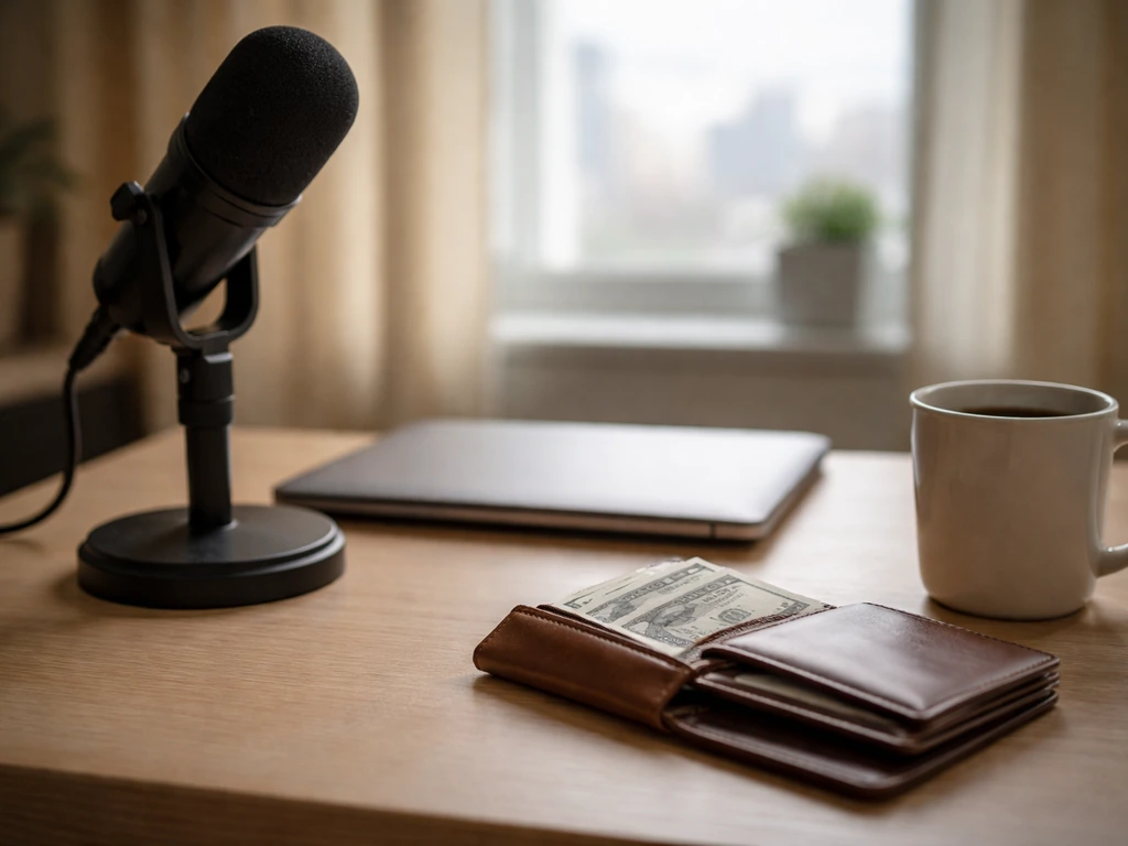 An anonymous desk setup with a microphone and scattered cash, symbolizing contrasting net-worth estimates