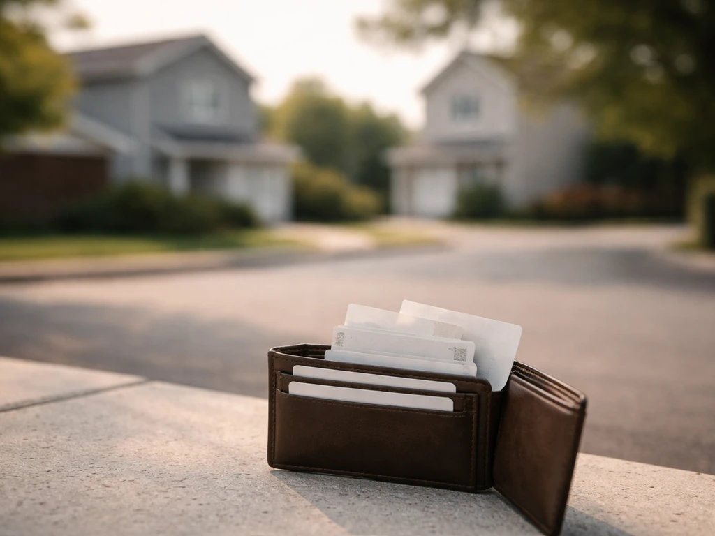 Minimal residential real-estate scene with anonymous houses and blank receipt-style papers in a wallet