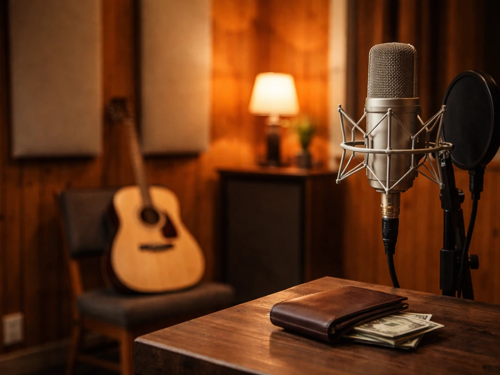 Recording studio snapshot with microphone, guitar, and subtle cash symbolizing celebrity net worth