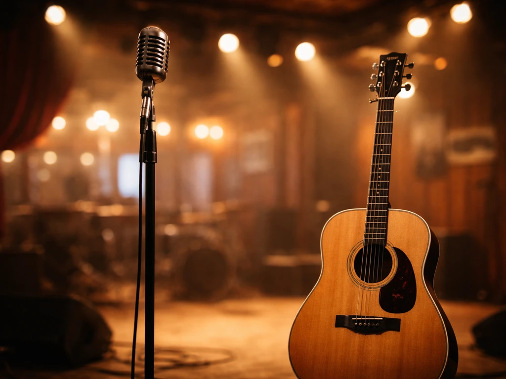 Country music stage scene with a guitar and microphone under warm lights, suggesting touring revenue