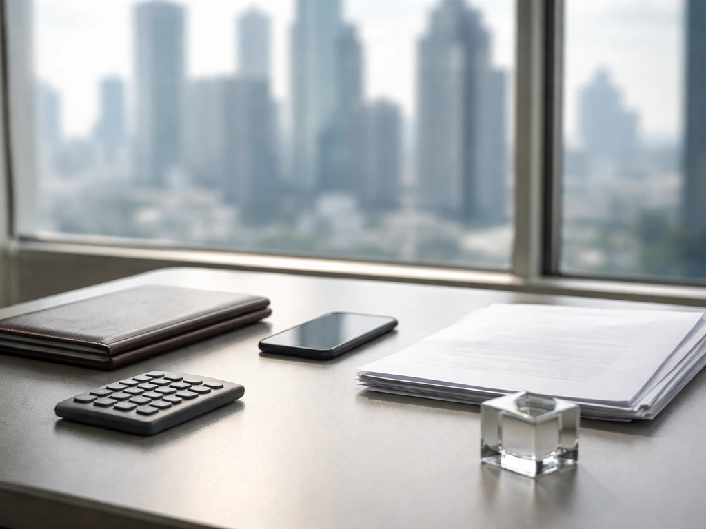 Minimal desk scene with a notebook, smartphone, and calculator beside scattered money-themed items