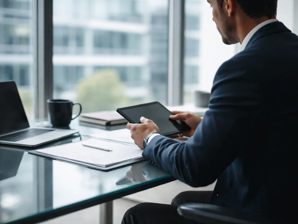 Anonymous executive in a modern office at a desk reviewing a tablet, finance atmosphere.