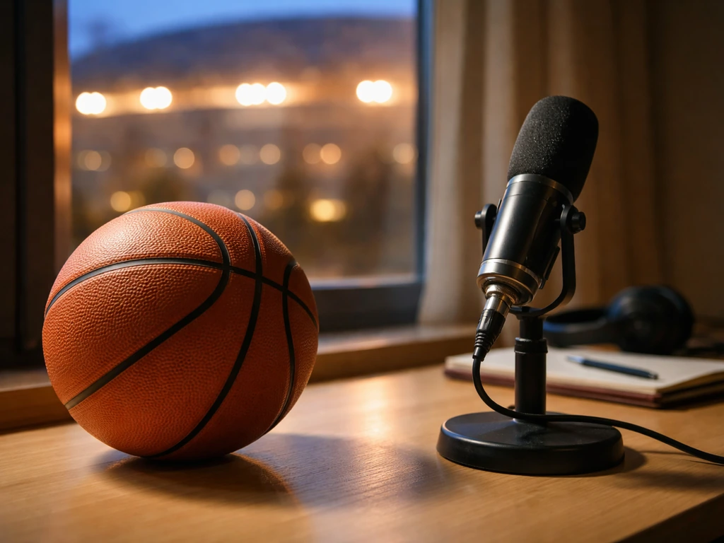 Basketball-themed symbolic scene: a basketball resting near a glowing studio microphone, suggesting PBA MVP legacy.