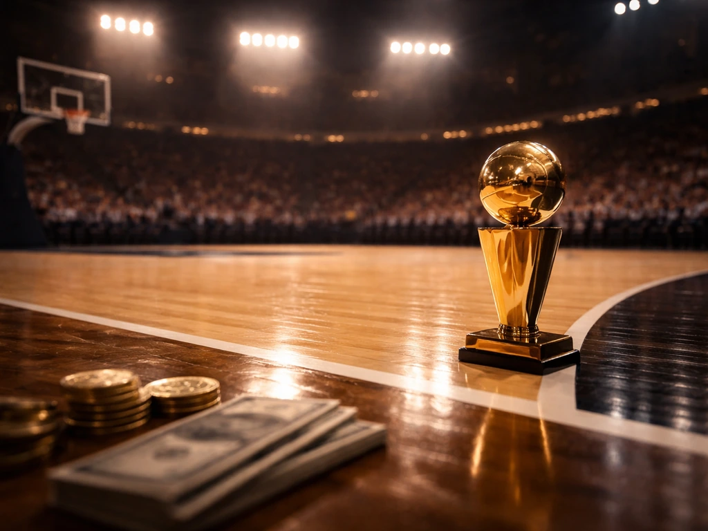 Basketball court near a gold trophy and soft cash-like highlights, symbolizing career earnings
