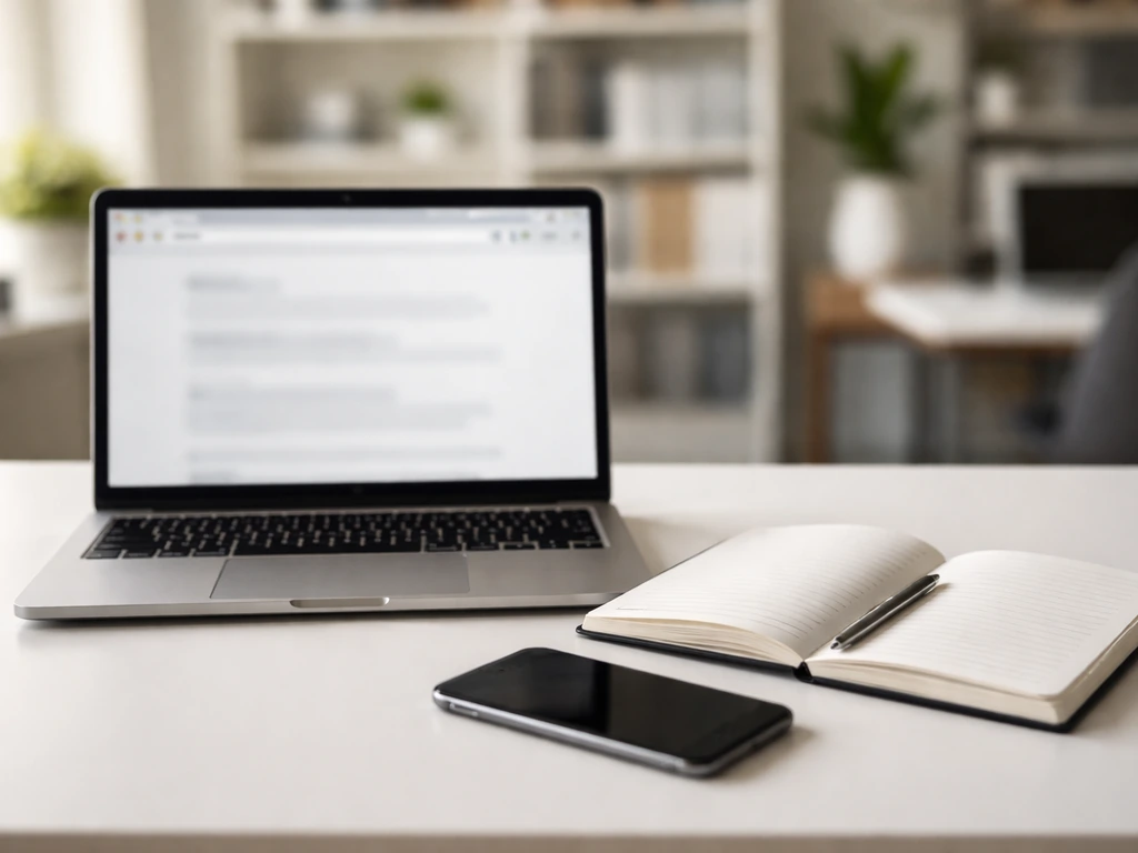 Laptop, smartphone, and blank notebook on a desk, symbolizing researching and verifying business/news claims.