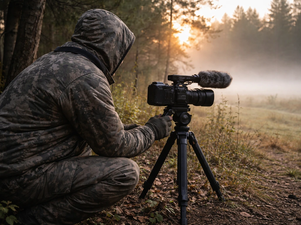 Anonymous hunter crouches by a tripod video camera in a misty forest at dawn for hunting media