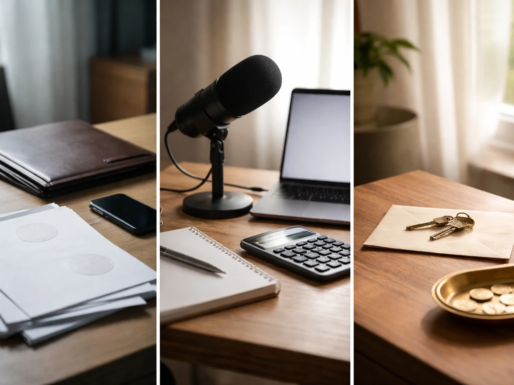 Split-screen style photo showing three anonymous desk setups with different financial-looking objects, symbolizing estim