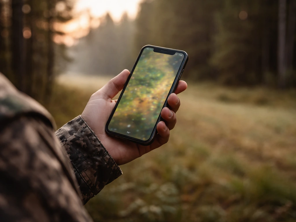 Hunter holding a smartphone showing a blurred deer-tracking weather-style interface in a forest at dawn.