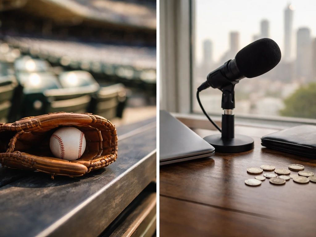 Split image: generic baseball gear in a stadium vs anonymous desk with microphone and coins for net-worth context.
