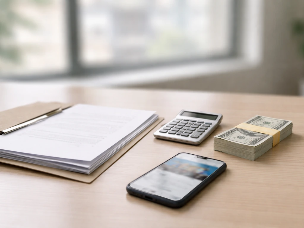 Minimal office scene with contract documents and a calculator beside a small stack of cash