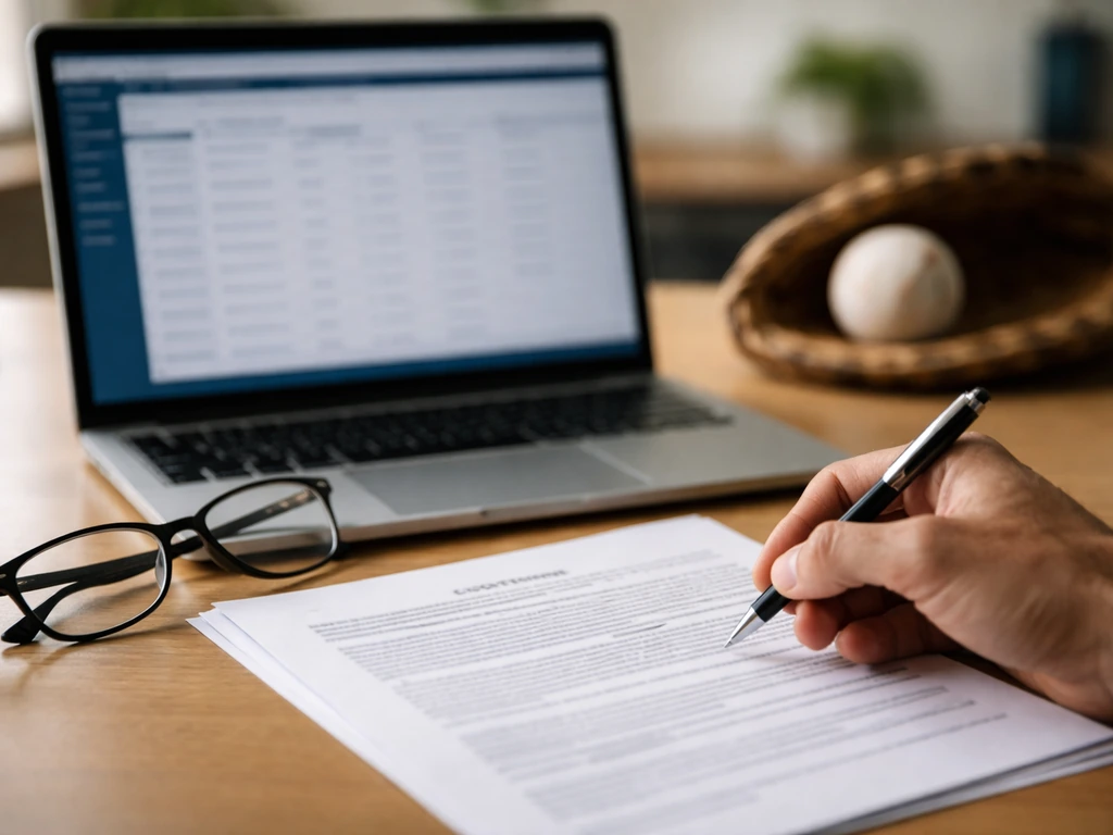 Hand holding a baseball contract document next to a laptop showing contract verification workflow setup
