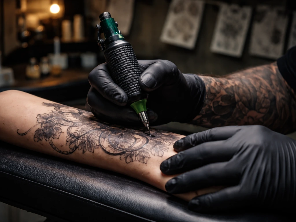 Tattoo artist hands at work in a low-lit studio, colorful ink and needles visible on the practice skin