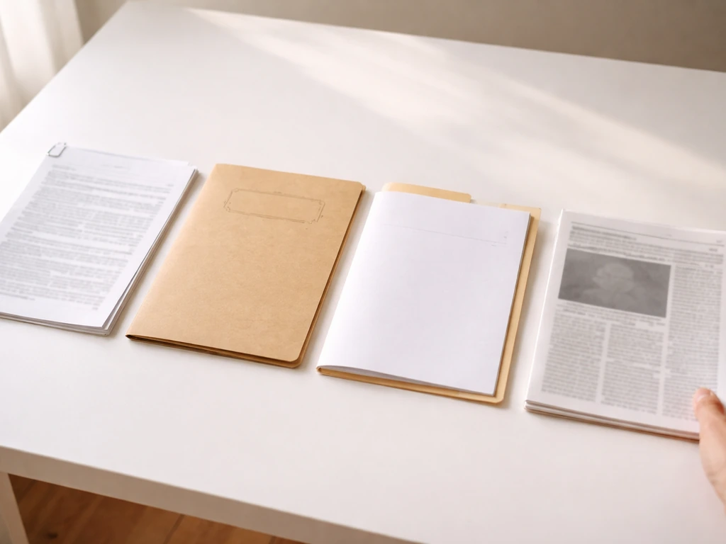 Anonymous hand arranging four blank, credible-looking document folders side-by-side on a minimal desk.