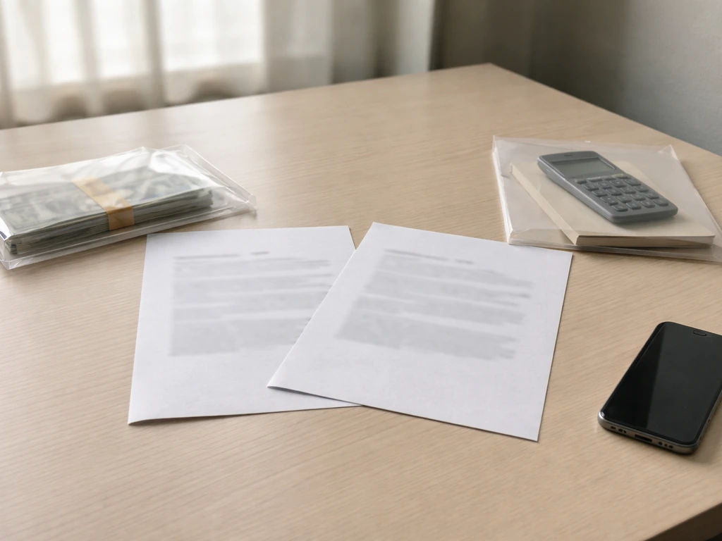 Minimal desk scene with two conflicting papers and money-related items under natural light.