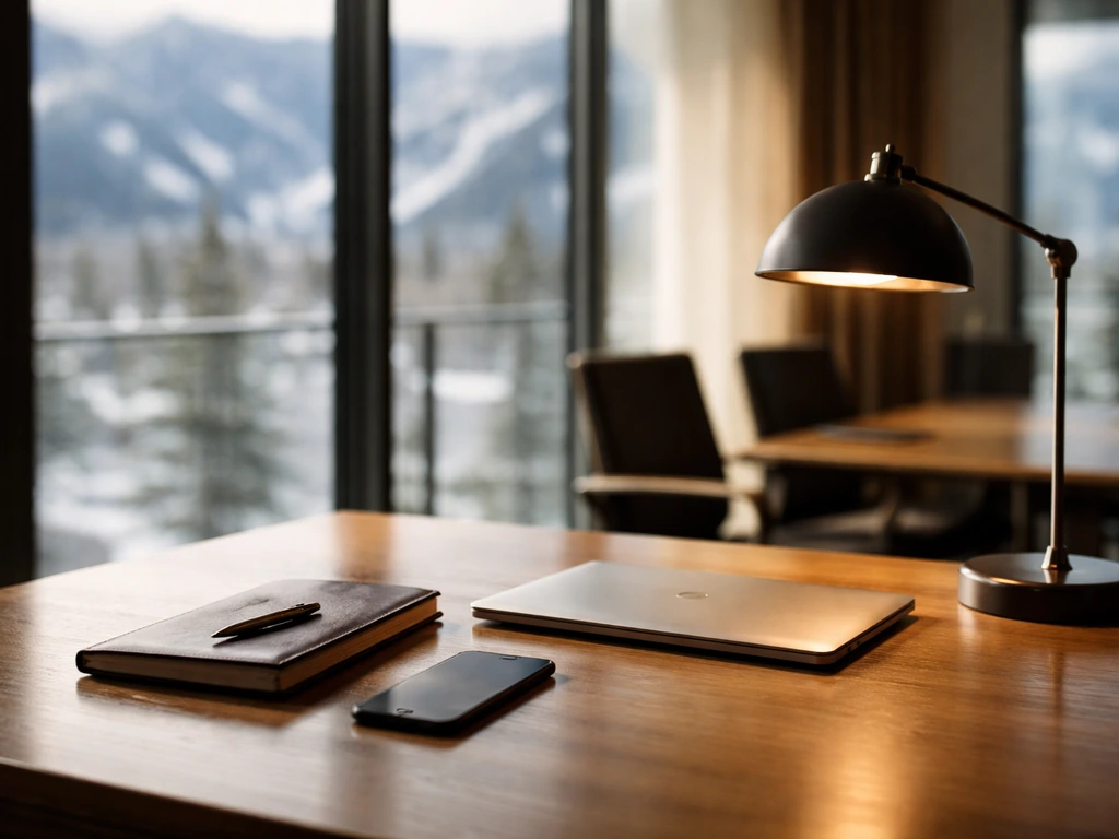Minimal executive office desk with laptop and smartphone, softly blurred snowy Aspen view, no people.