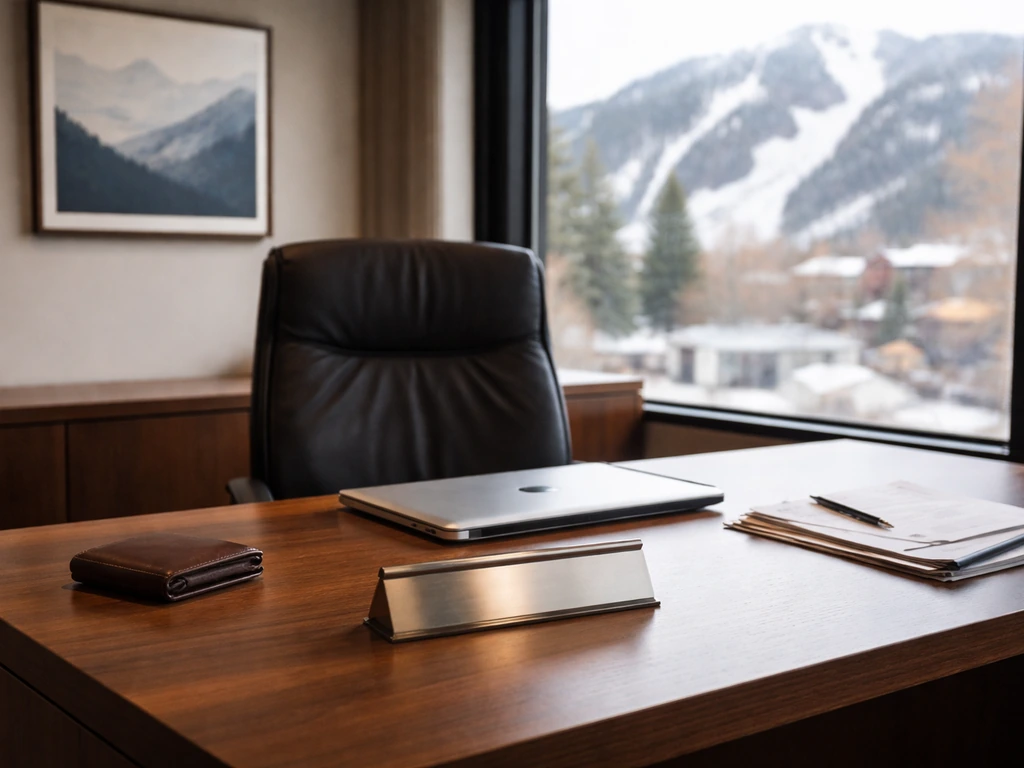 Empty executive office desk with finance documents, hint of Aspen mountains through the window.
