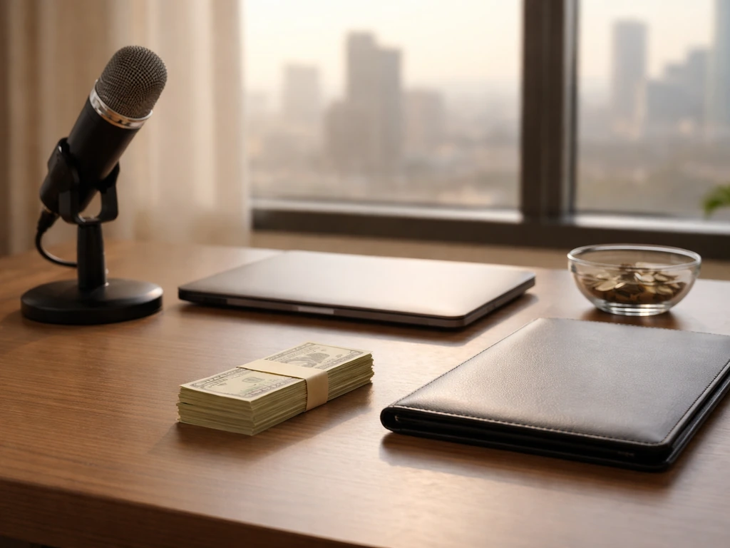 Minimal executive desk with cash, coins, and a microphone, symbolizing compensation drivers.