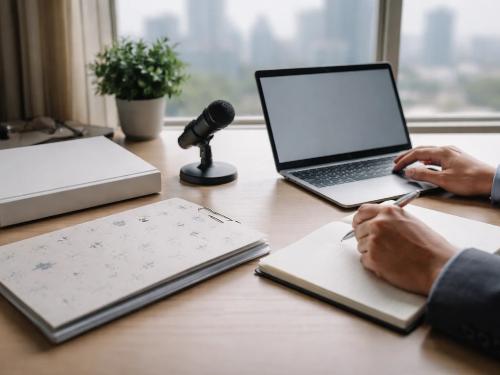 Anonymous desk scene with laptop and microphone, city skyline outside the window.