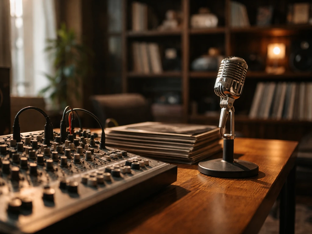 Minimal music studio desk with microphone and vinyl records, warm natural light, no people.